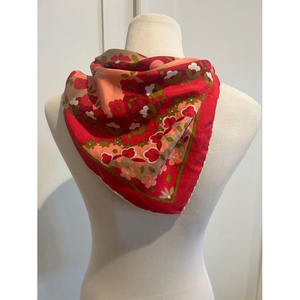 Vibrant Vintage Floral Silk Scarf Red Pink Tan Square Neck Scarf Accessory Mod - Picture 4 of 13